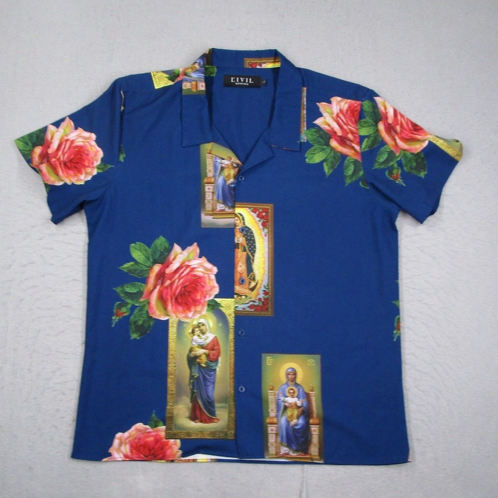 Civil Regime Men Large Blue Holy Floral Graphic Short Sleeve Button Up Shirt